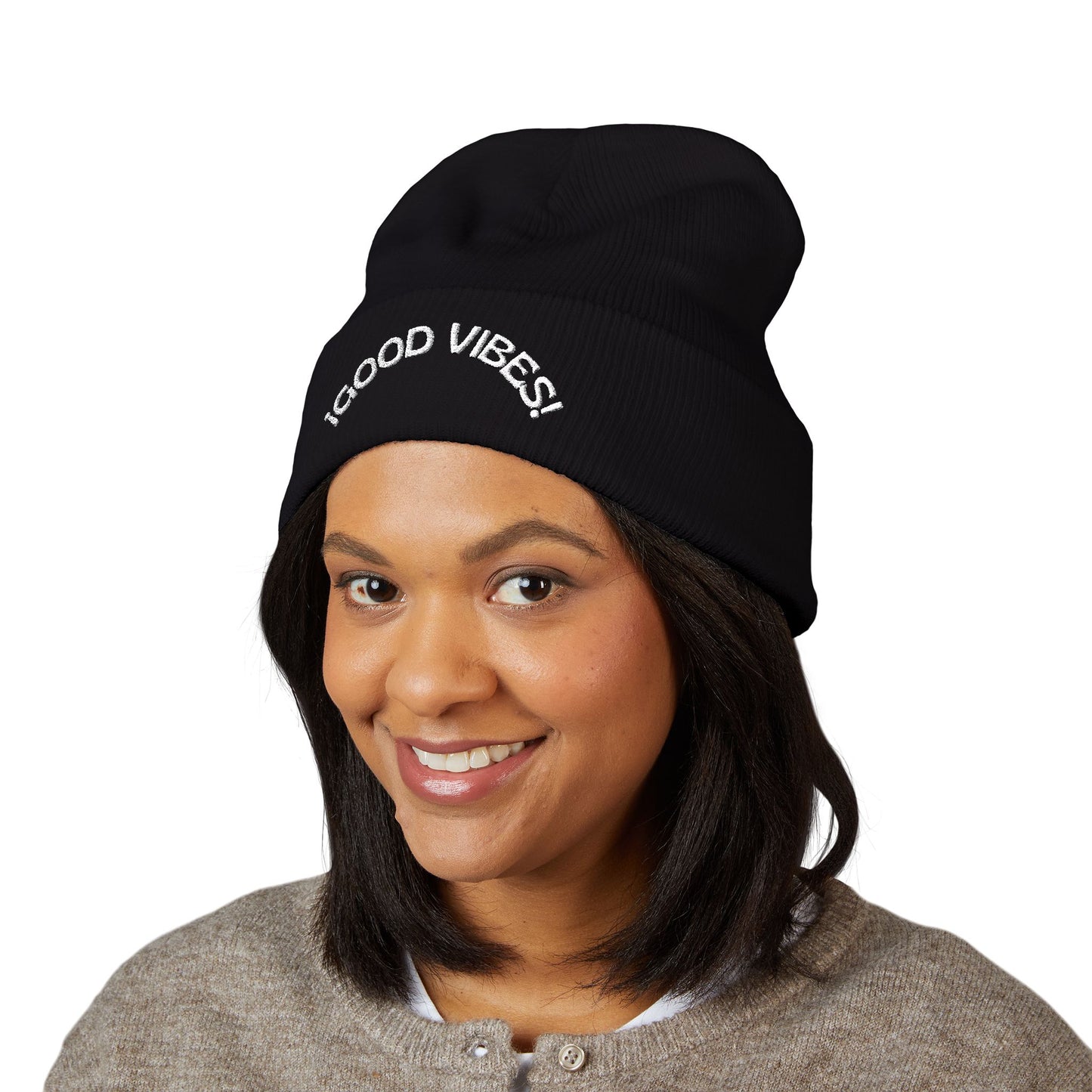 Good Vibes Cuffed Beanie - Cozy Winter Hat, Streetwear Accessories, Embroidered Gifts, Trendy Beanie for Men and Women